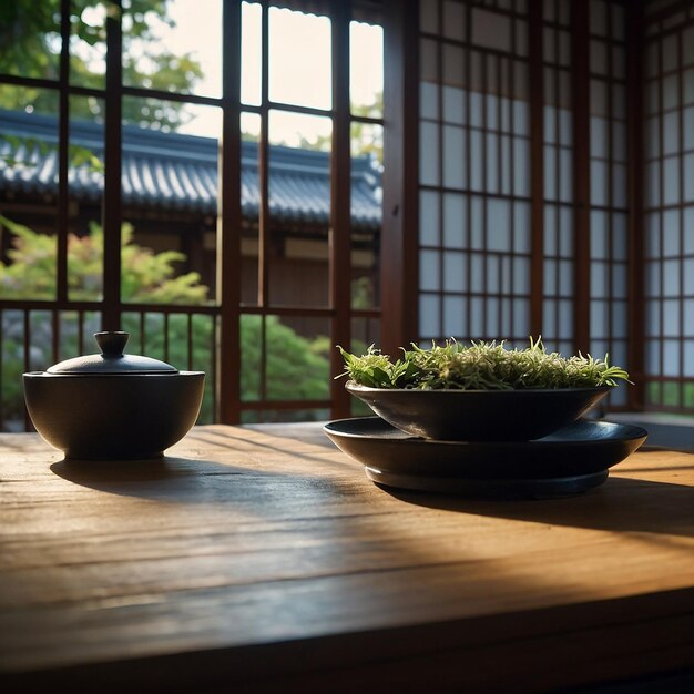 Photo a wooden table with bowls and bowls with a pot of sushi on it