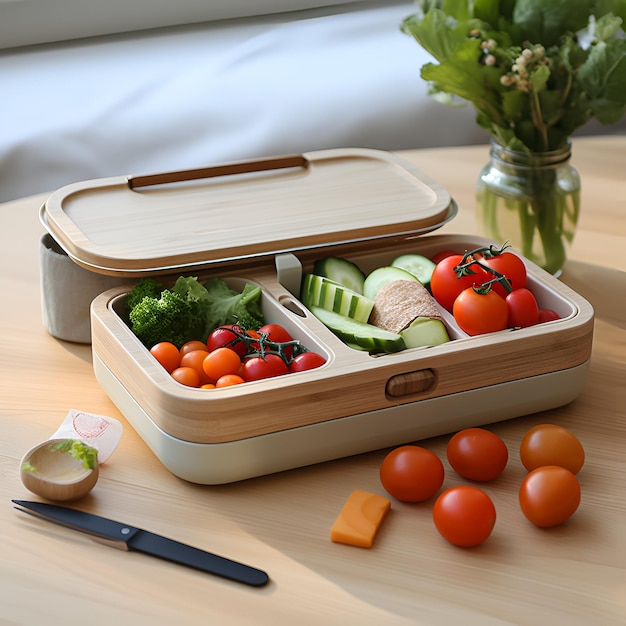 a wooden table with a box of vegetables and a knife on it