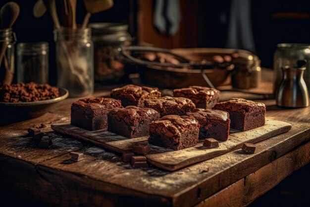 A wooden table with brownies on it