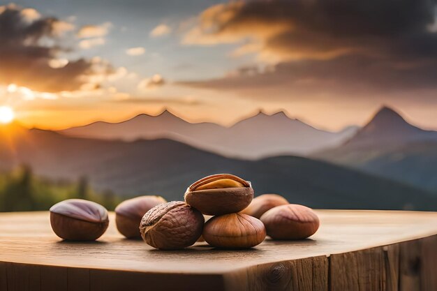 a wooden table with a bunch of nuts and mountains in the background.