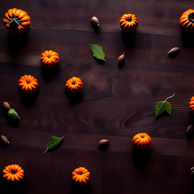 A wooden table with a bunch of small pumpkins and green leaves on it.