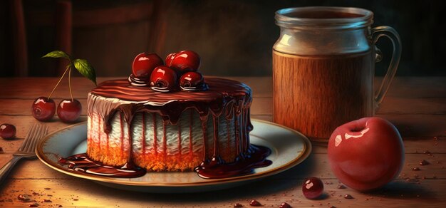 Wooden table with a cake and cherry jam on top