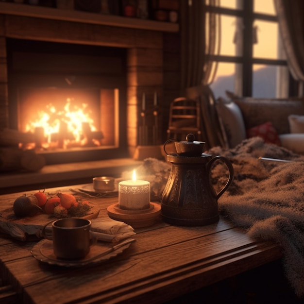 a wooden table with a candle and a pot of strawberries on it