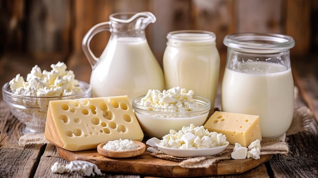 Wooden Table With Cheese and Milk