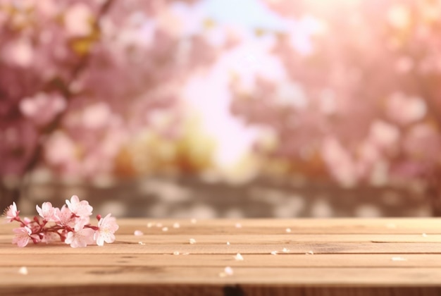 Wooden table with cherry blossom in the background Generative Ai