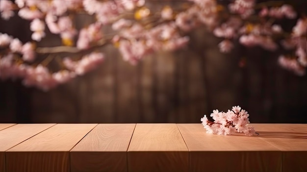 A wooden table with a cherry blossom background