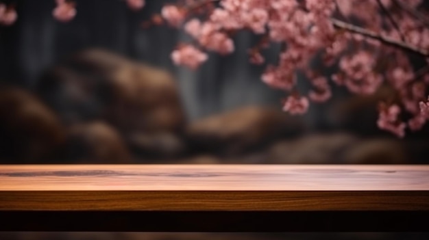 A wooden table with a cherry blossom background