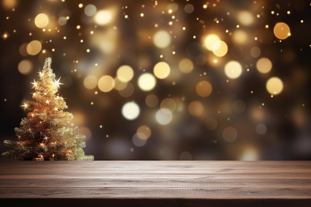 Wooden table with christmas bokeh lights