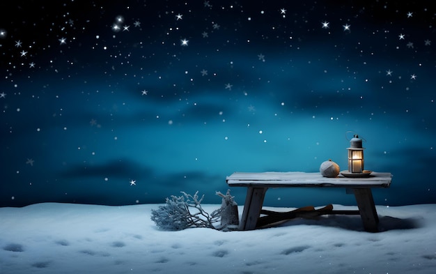 A wooden table with christmas decoration on a winter snowy