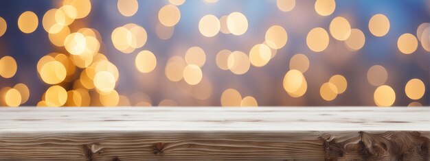 Wooden table with christmas fir tree and decoration Bokeh background