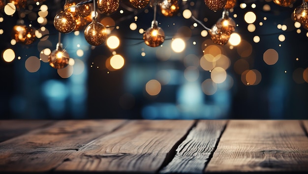 Wooden table with christmas lights and blurred bokeh background