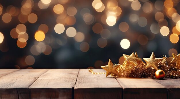 wooden table with Christmas ornaments background