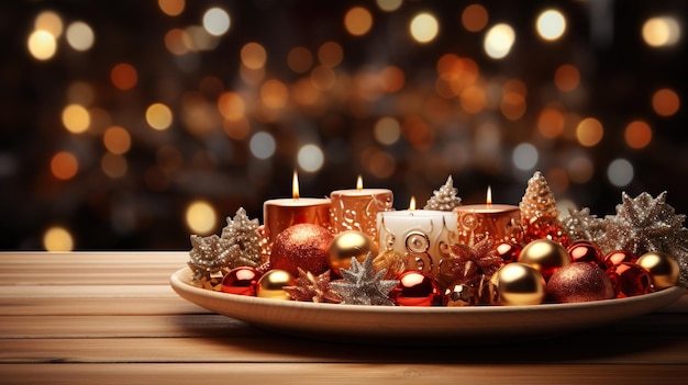 Wooden table with Christmas theme in background