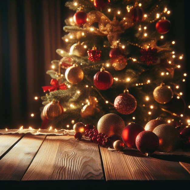 Photo a wooden table with a christmas tree in the background