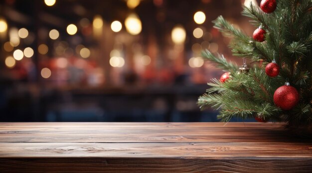 wooden table with a Christmas tree on the blur Christmas background