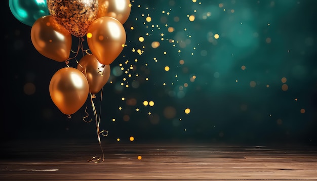 Photo wooden table with colorful balls and particles on new year's eve or christmas