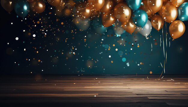 Wooden table with colorful balls and particles on New Year's Eve or Christmas