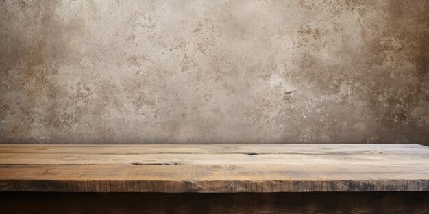 콘크리트 그룬지 텍스처의 나무 테이블 배경은  비어 있습니다.