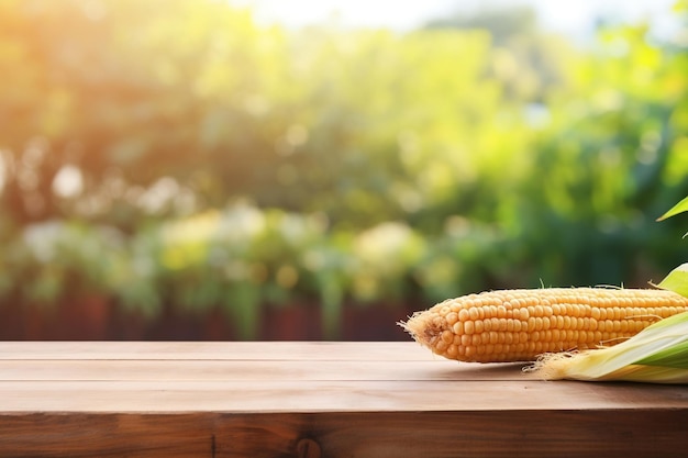 Wooden Table with Corn on Cobs and Free Space on Natural Background Generative AI