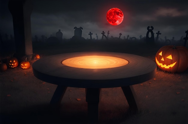 Wooden Table With A Creepy Cemetery Background