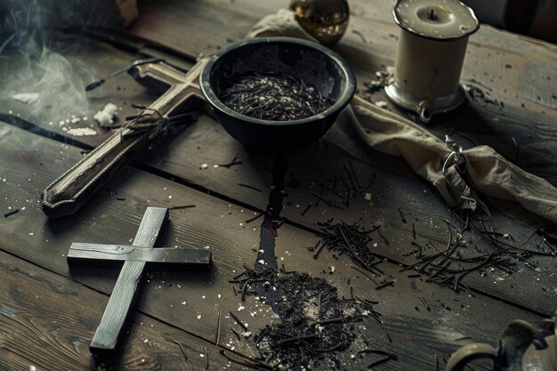 Photo wooden table with cross and candle generative ai