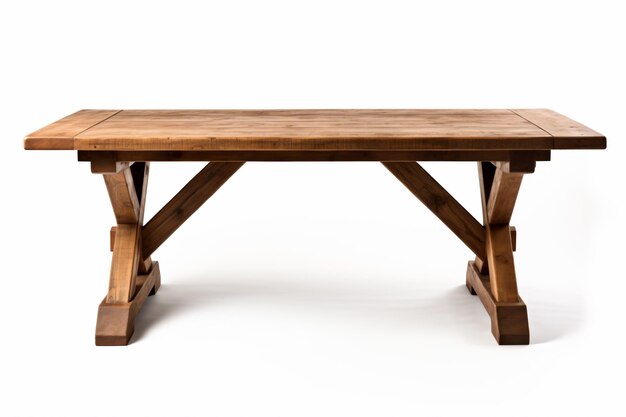 a wooden table with a cross leg base