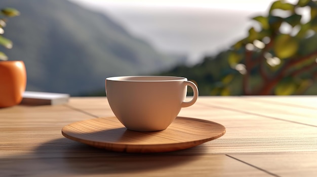 Wooden table with a cup of coffee generative ai