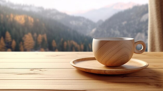 Foto tavolo in legno con una tazza di caffè ai