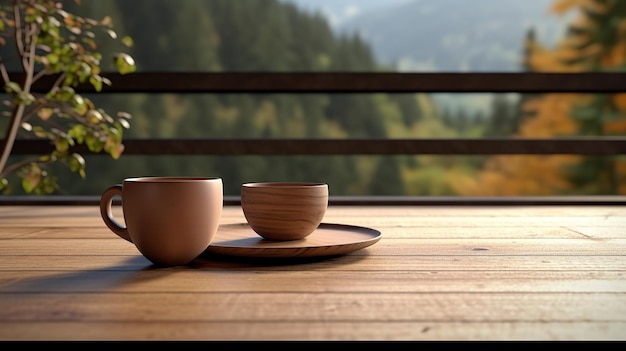 Foto tavolo in legno con una tazza di caffè ai