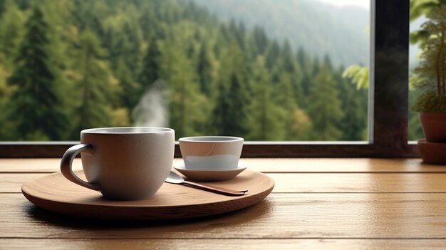 Photo wooden table with a cup of coffee generative ai