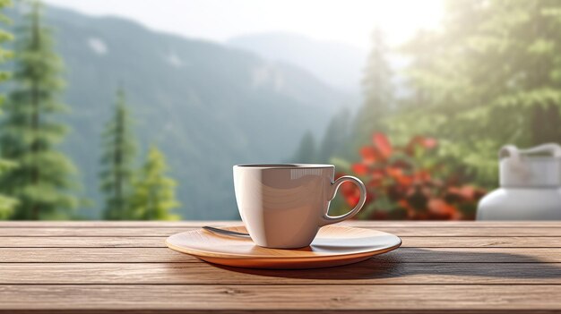 Wooden table with a cup of coffee generative ai