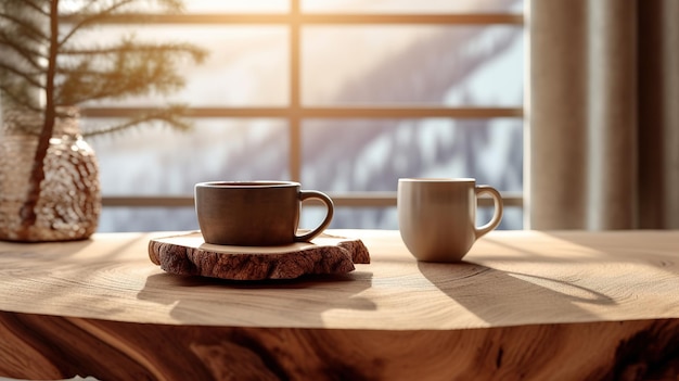 Wooden table with a cup of coffee generative ai