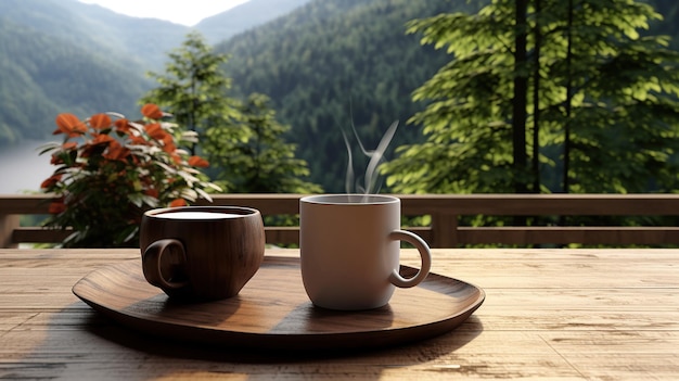 Foto tavolo in legno con una tazza di caffè ai