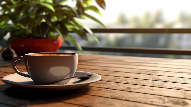 Foto tavolo in legno con una tazza di caffè ai