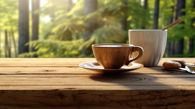 Photo wooden table with a cup of coffee generative ai