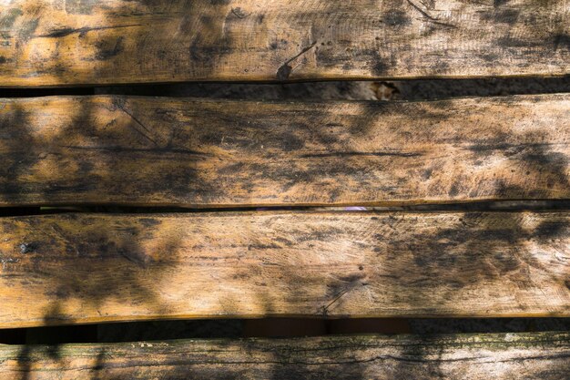 Photo wooden table with cut in the middle. located in a park with natural light. some shadows from the trees. top view.