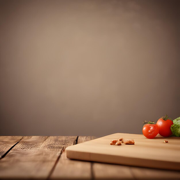 Photo a wooden table with a cutting board and a bunch of vegetables on it