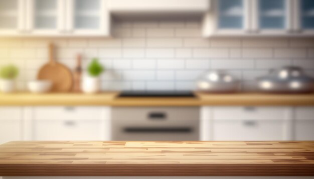 Wooden table with a defocused kitchen room For montage product display Copy space Generative ai