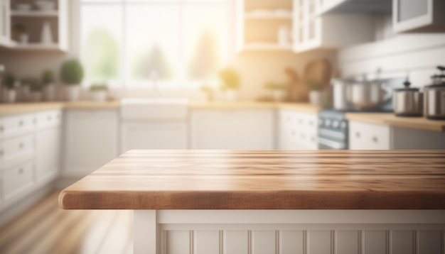 Photo wooden table with a defocused kitchen room for montage product display copy space generative ai