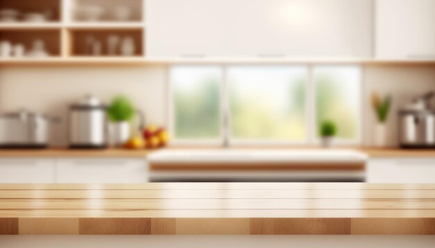 Photo wooden table with a defocused kitchen room for montage product display copy space generative ai