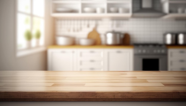 Wooden table with a defocused kitchen room For montage product display Copy space Generative ai