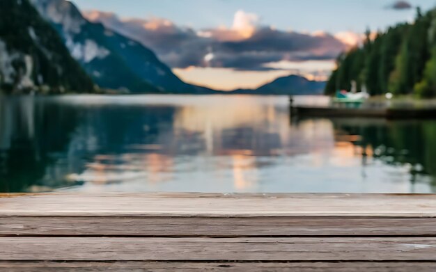 Wooden table with a defocussed image of a boat on a lake photo