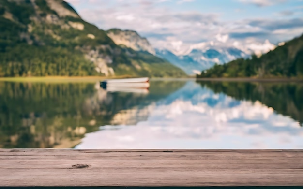 Wooden table with a defocussed image of a boat on a lake photo