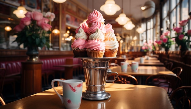 Wooden table with a delicious dessert and coffee cup on top generated by artificial intelligence