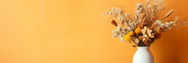 Photo wooden table with dried flowers bouquet near empty terra cotta wall in home interior