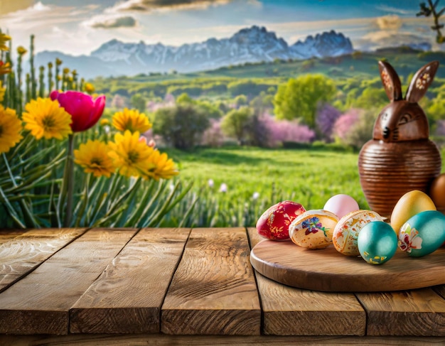 Деревянный стол с пасхальными яйцами и размытым весенним лугом на заднем плане