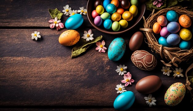 A wooden table with easter eggs and flowers on it