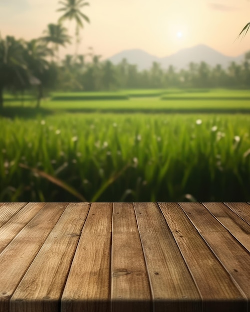 A wooden table with a field in the background