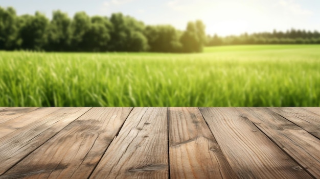 A wooden table with a field and trees in the background