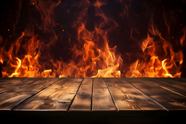 Photo wooden table with fiery background grilled cuisine showcase